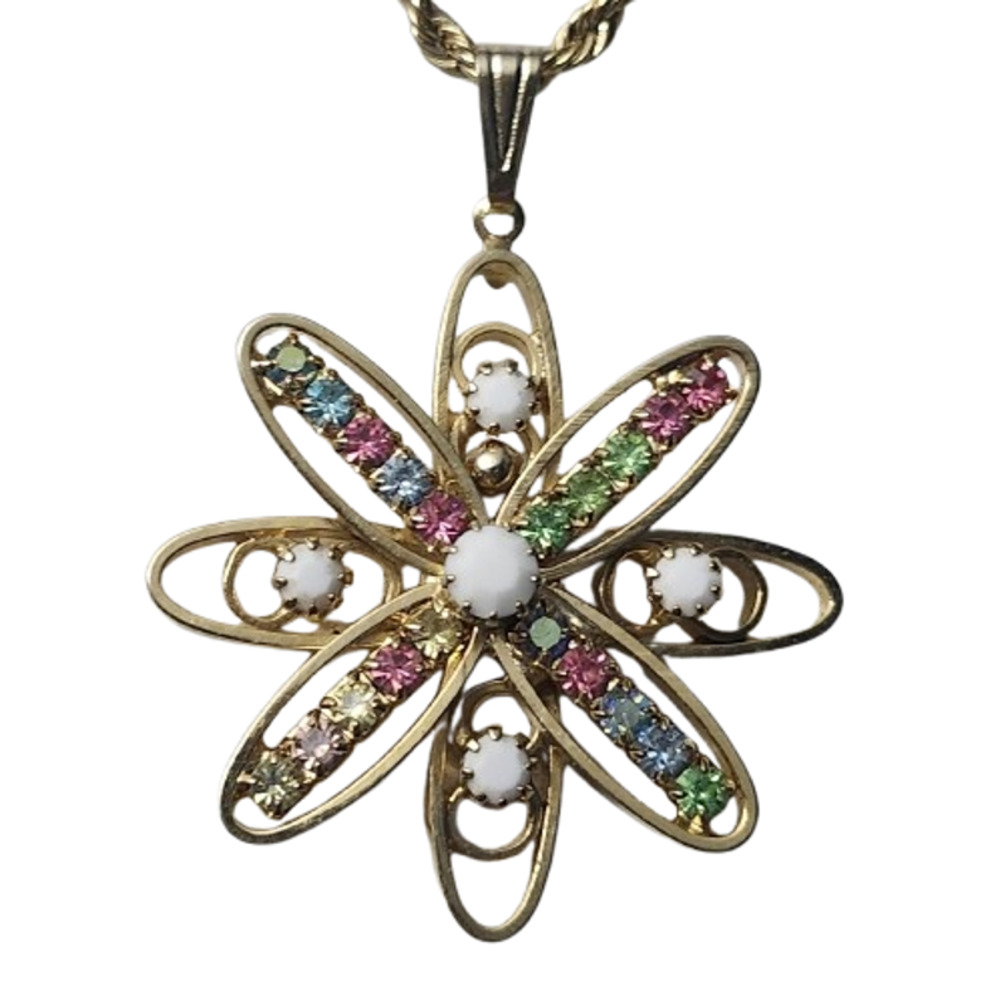 Vintage 1950s Atomic Starburst Pendant Necklace Milk Glass Pastel Rhinestone